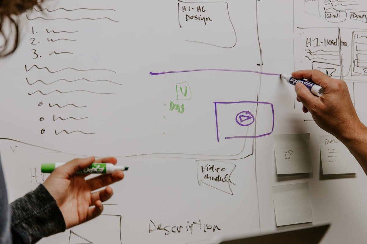 Team mapping out a growth strategy and go-to-market plan on a whiteboard